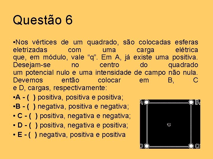 Questão 6 • Nos vértices de um quadrado, são colocadas esferas eletrizadas com uma