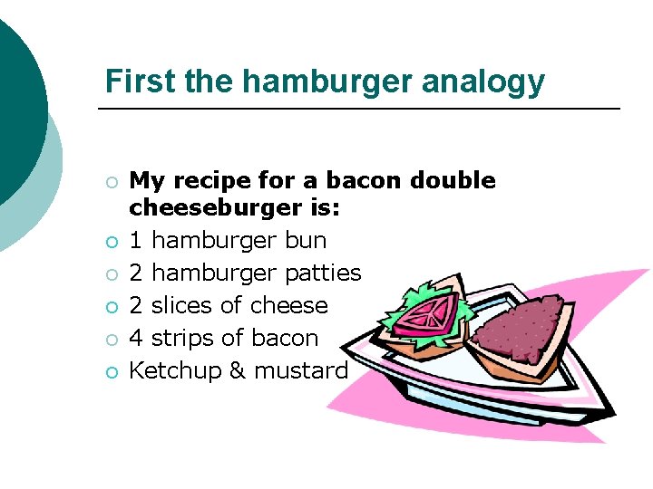 First the hamburger analogy ¡ ¡ ¡ My recipe for a bacon double cheeseburger