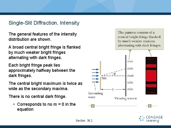 Single-Slit Diffraction, Intensity The general features of the intensity distribution are shown. A broad