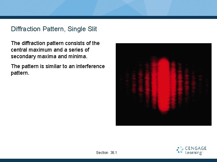 Diffraction Pattern, Single Slit The diffraction pattern consists of the central maximum and a