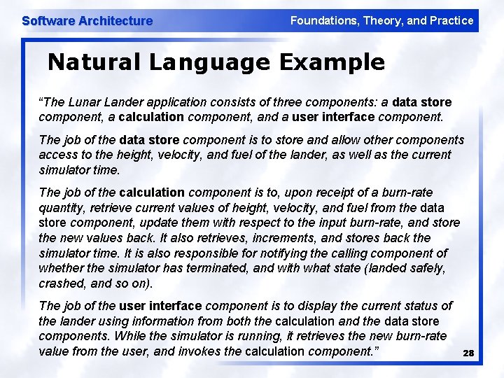 Software Architecture Foundations, Theory, and Practice Natural Language Example “The Lunar Lander application consists