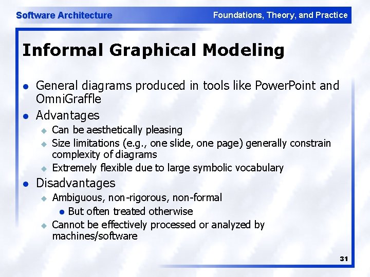 Software Architecture Foundations, Theory, and Practice Informal Graphical Modeling l l General diagrams produced