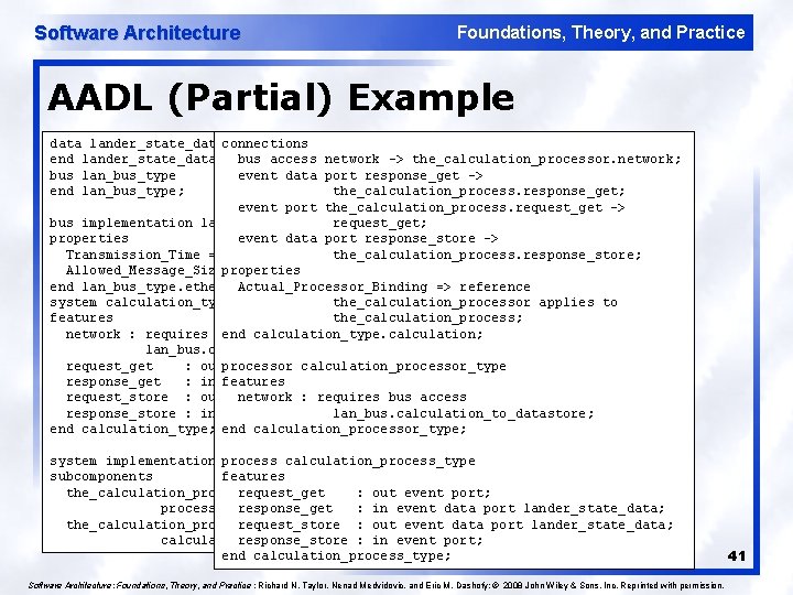 Software Architecture Foundations, Theory, and Practice AADL (Partial) Example data lander_state_dataconnections end lander_state_data; bus