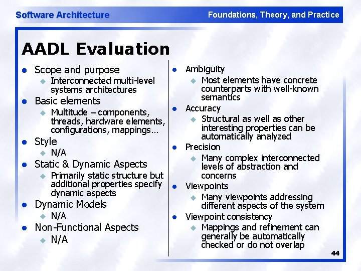 Software Architecture Foundations, Theory, and Practice AADL Evaluation l Scope and purpose u l