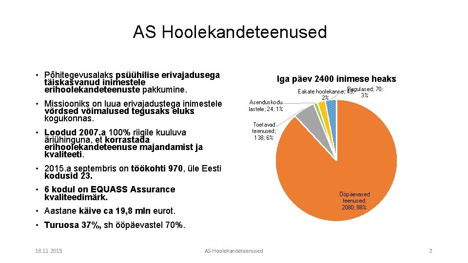 AS Hoolekandeteenused • Põhitegevusalaks psüühilise erivajadusega täiskasvanud inimestele erihoolekandeteenuste pakkumine. • Missiooniks on luua