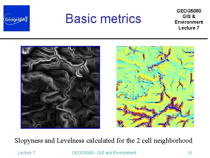 Basic metrics GEOG 5060 GIS & Environment Lecture 7 Slopyness and Levelness calculated for