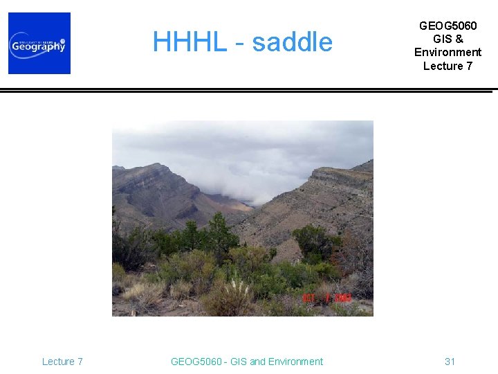 HHHL - saddle Lecture 7 GEOG 5060 - GIS and Environment GEOG 5060 GIS