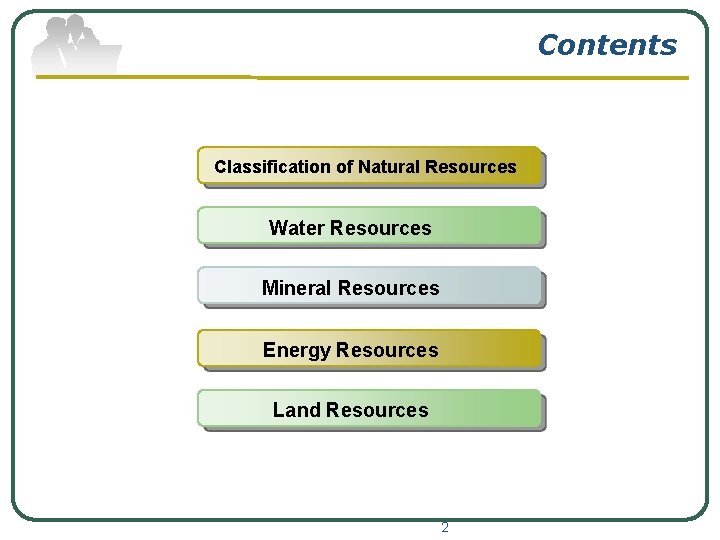 Contents Classification of Natural Resources Water Resources Mineral Resources Energy Resources Land Resources 2