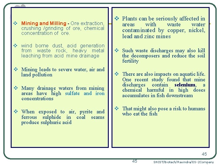 v Mining and Milling - Ore extraction, crushing /grinding of ore, chemical concentration of