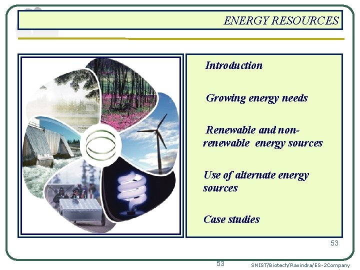 ENERGY RESOURCES Introduction Growing energy needs Renewable and nonrenewable energy sources Use of alternate