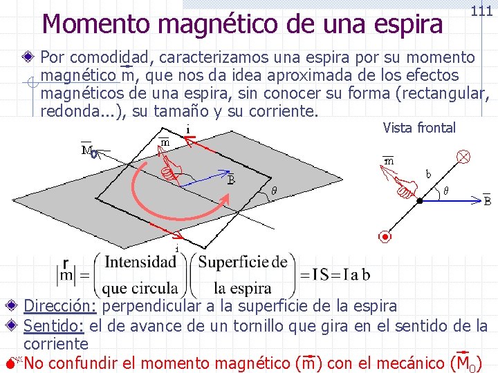 Momento magnético de una espira 111 Por comodidad, caracterizamos una espira por su momento