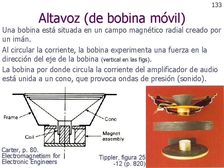 133 Altavoz (de bobina móvil) Una bobina está situada en un campo magnético radial