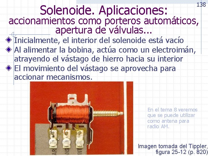 Solenoide. Aplicaciones: 138 accionamientos como porteros automáticos, apertura de válvulas. . . Inicialmente, el