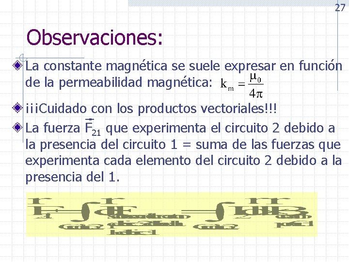 27 Observaciones: La constante magnética se suele expresar en función de la permeabilidad magnética:
