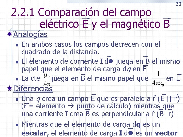 2. 2. 1 Comparación del campo eléctrico E y el magnético B 30 Analogías