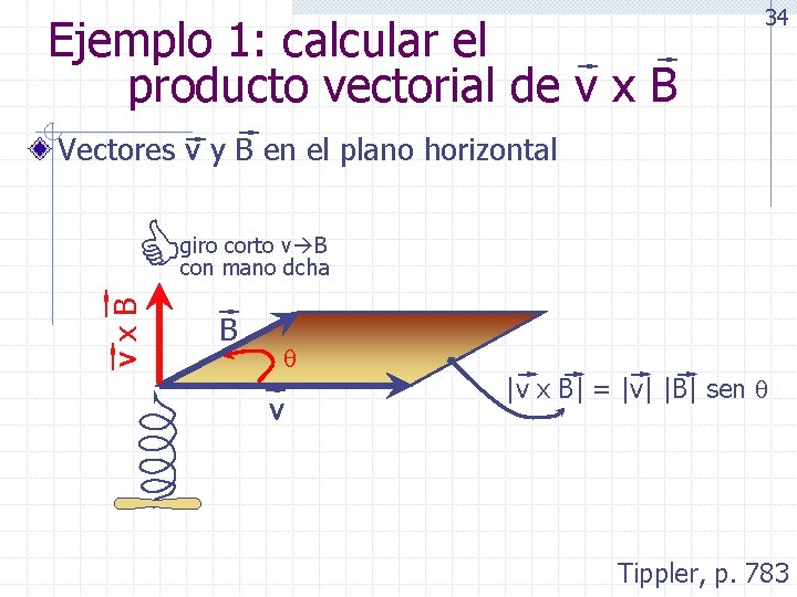 Ejemplo 1: calcular el producto vectorial de v x B 34 Vectores v y