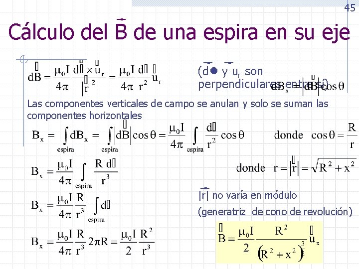 45 Cálculo del B de una espira en su eje (d y ur son