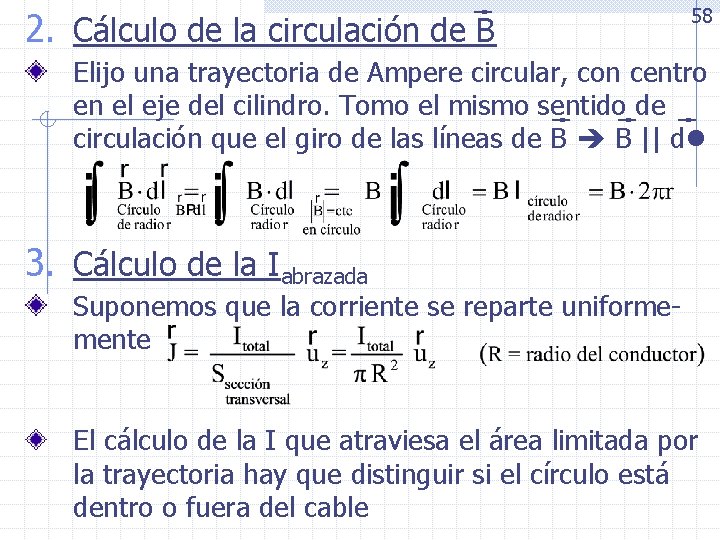 2. Cálculo de la circulación de B 58 Elijo una trayectoria de Ampere circular,