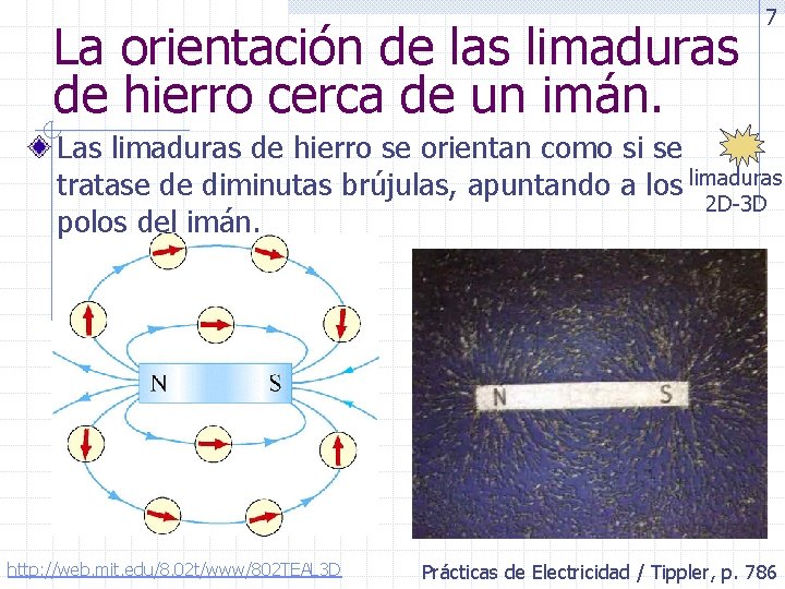 La orientación de las limaduras de hierro cerca de un imán. 7 Las limaduras