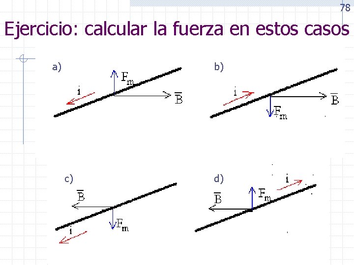 78 Ejercicio: calcular la fuerza en estos casos a) b) c) d) 