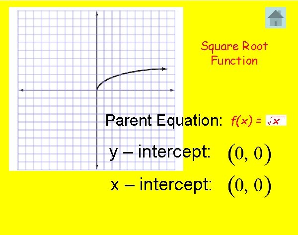 Square Root Function Parent Equation: y – intercept: x – intercept: f(x) = x