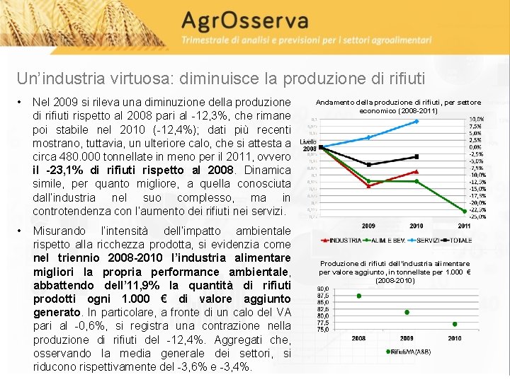 Un’industria virtuosa: diminuisce la produzione di rifiuti • Nel 2009 si rileva una diminuzione