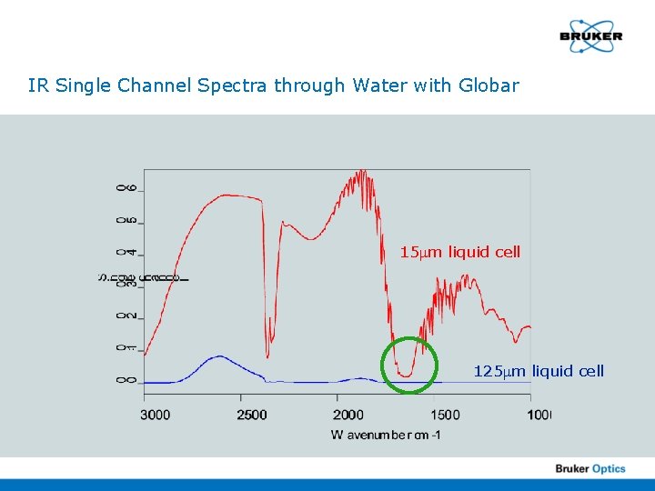 IR Single Channel Spectra through Water with Globar 15 m liquid cell 125 m