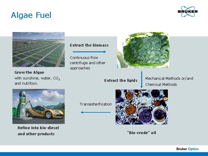 Algae Fuel Extract the biomass Continuous flow centrifuge and other approaches Grow the Algae