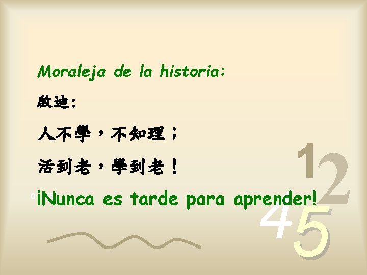 Moraleja de la historia: 啟迪: 人不學，不知理； 活到老，學到老！ 1 2 4 ¡Nunca es tarde para