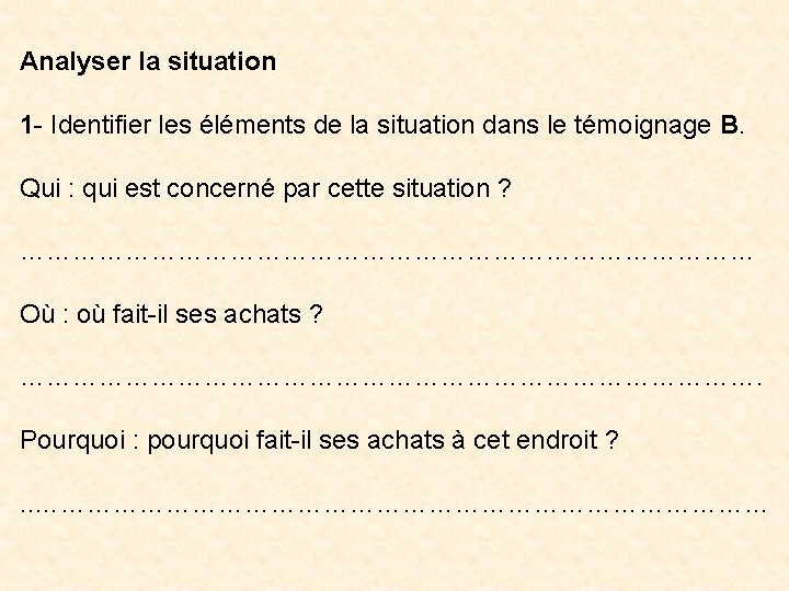 Analyser la situation 1 - Identifier les éléments de la situation dans le témoignage