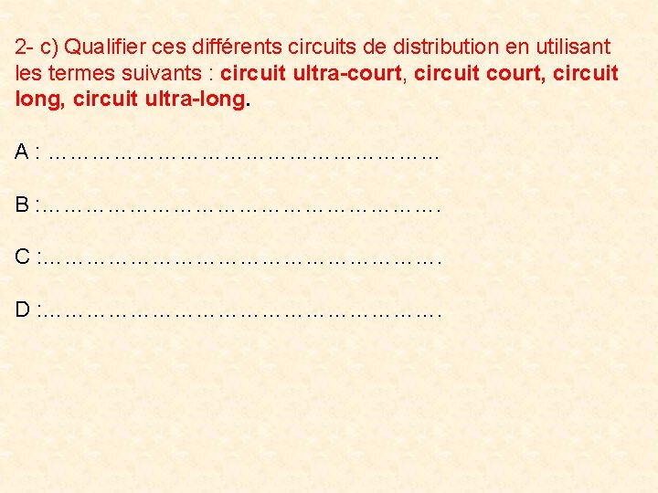 2 - c) Qualifier ces différents circuits de distribution en utilisant les termes suivants