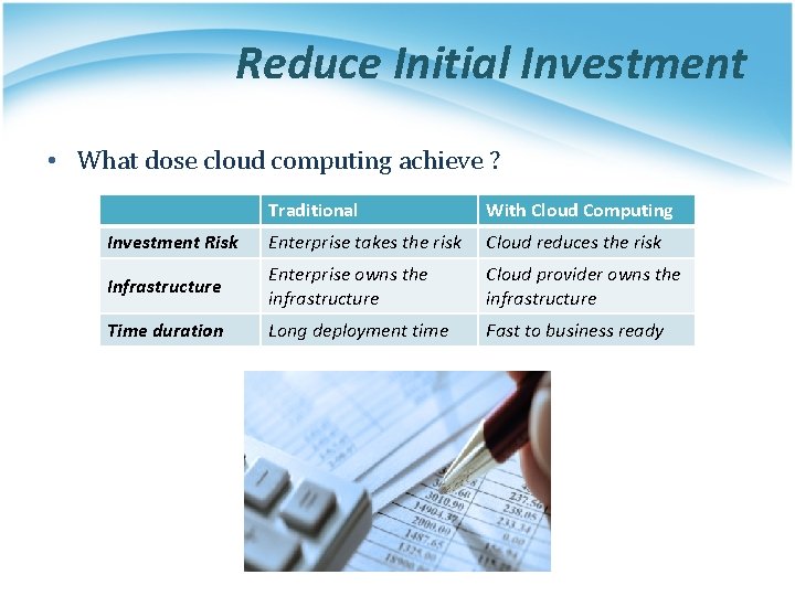 Reduce Initial Investment • What dose cloud computing achieve ? Traditional With Cloud Computing