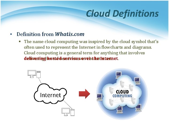 Cloud Definitions • Definition from Whatis. com § The name cloud computing was inspired