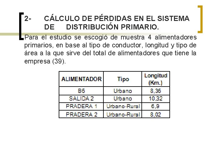 2 - CÁLCULO DE PÉRDIDAS EN EL SISTEMA DE DISTRIBUCIÓN PRIMARIO. Para el estudio