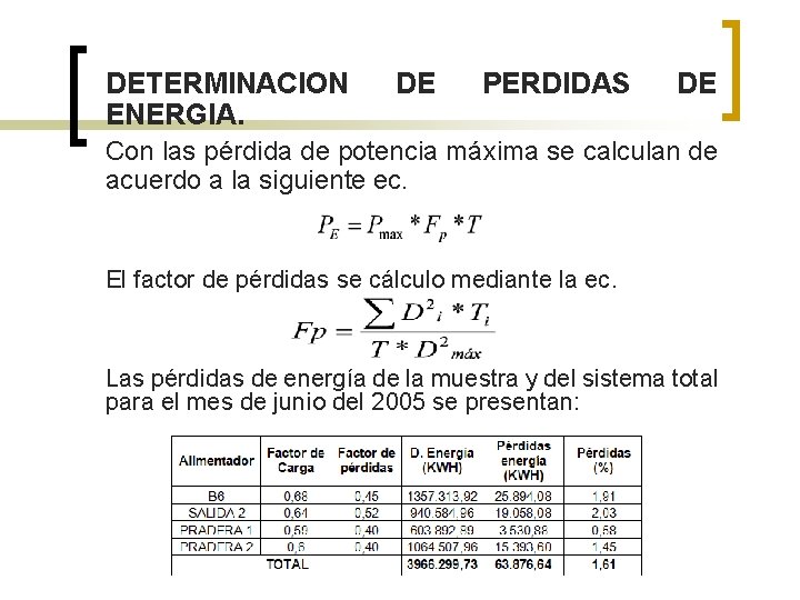 DETERMINACION ENERGIA. DE PERDIDAS DE Con las pérdida de potencia máxima se calculan de