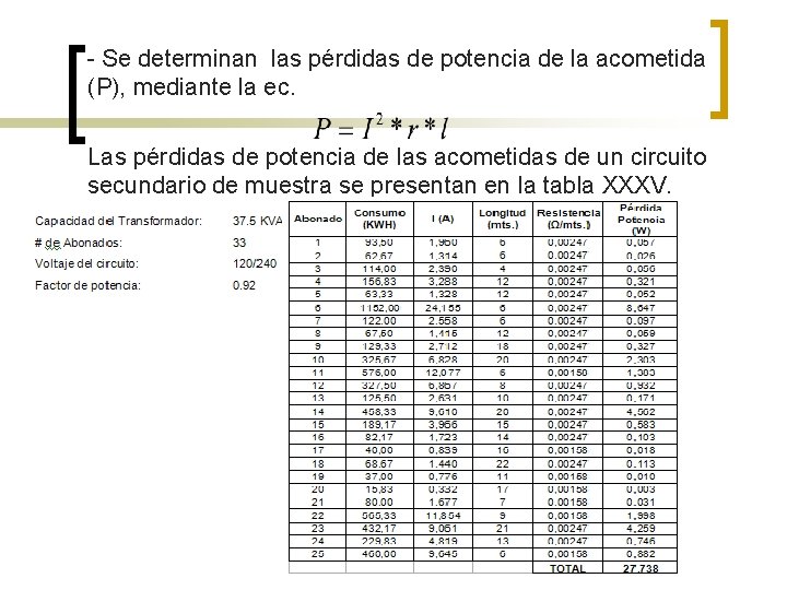 - Se determinan las pérdidas de potencia de la acometida (P), mediante la ec.