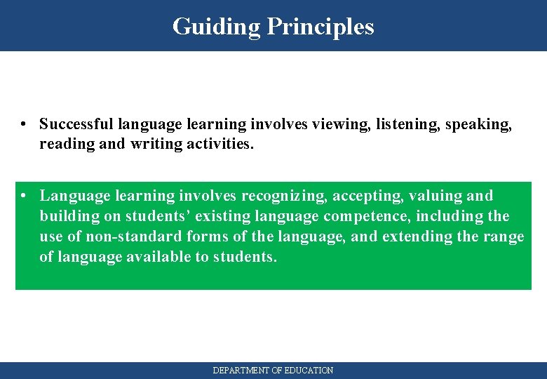 Guiding Principles • Successful language learning involves viewing, listening, speaking, reading and writing activities.
