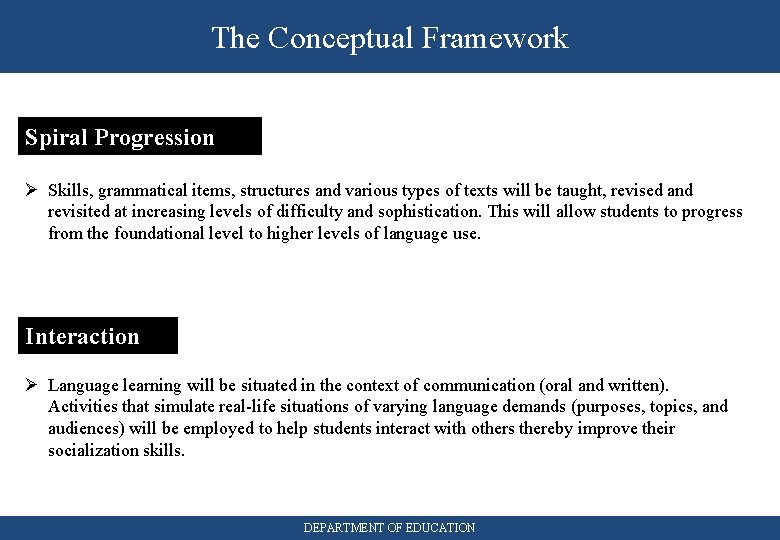 The Conceptual Framework Spiral Progression Ø Skills, grammatical items, structures and various types of