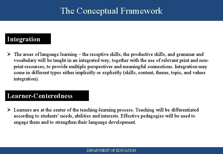 The Conceptual Framework Integration Ø The areas of language learning – the receptive skills,