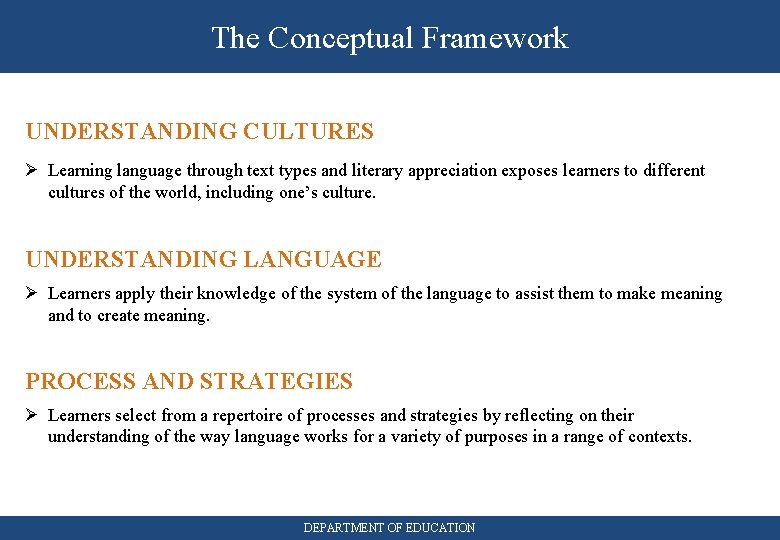 The Conceptual Framework UNDERSTANDING CULTURES Ø Learning language through text types and literary appreciation