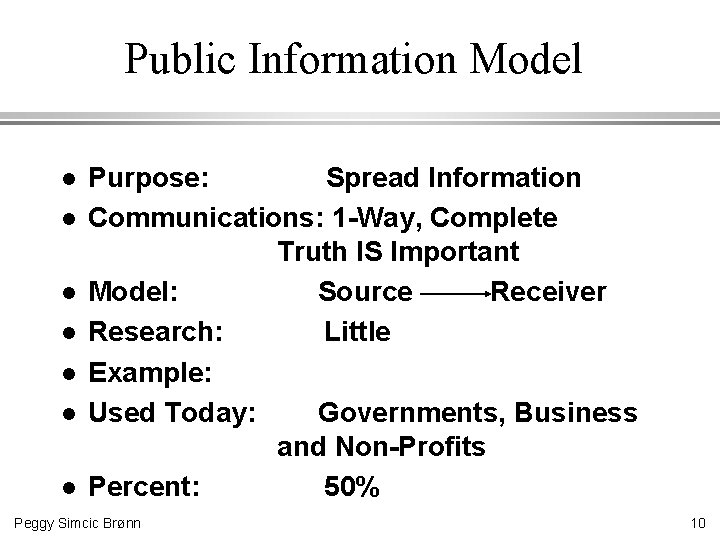 Public Information Model l l l Purpose: Spread Information Communications: 1 -Way, Complete Truth