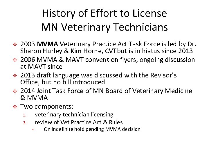 History of Effort to License MN Veterinary Technicians v v v 2003 MVMA Veterinary