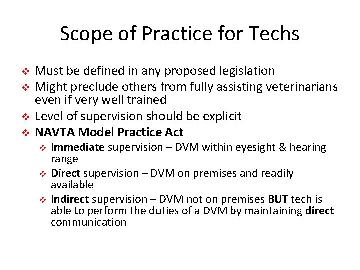 Scope of Practice for Techs v v Must be defined in any proposed legislation