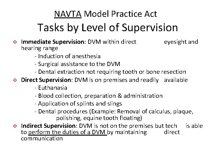 NAVTA Model Practice Act Tasks by Level of Supervision v v v Immediate Supervision: