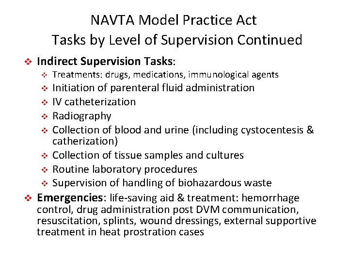 NAVTA Model Practice Act Tasks by Level of Supervision Continued v Indirect Supervision Tasks: