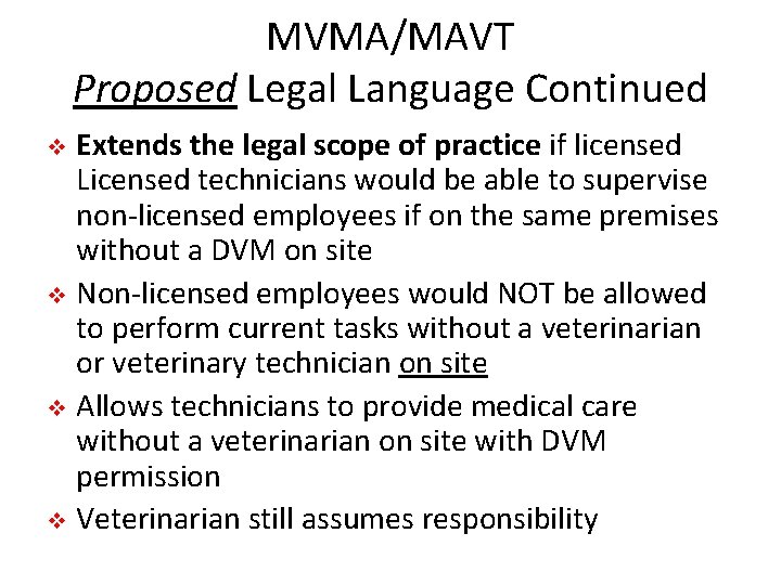 MVMA/MAVT Proposed Legal Language Continued Extends the legal scope of practice if licensed Licensed