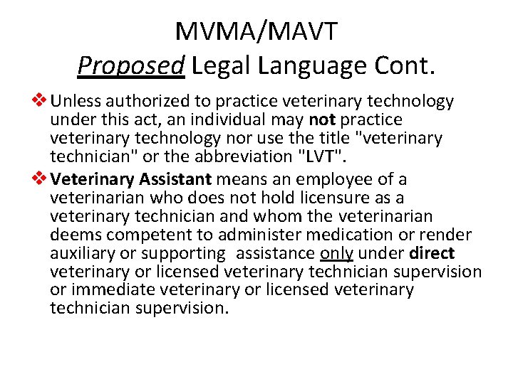 MVMA/MAVT Proposed Legal Language Cont. v Unless authorized to practice veterinary technology under this