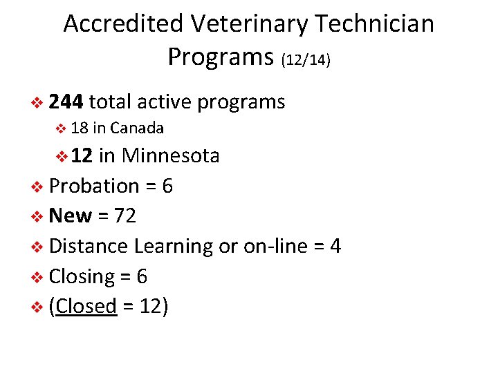 Accredited Veterinary Technician Programs (12/14) v 244 total active programs v 18 in Canada
