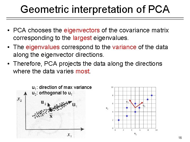 Geometric interpretation of PCA • PCA chooses the eigenvectors of the covariance matrix corresponding