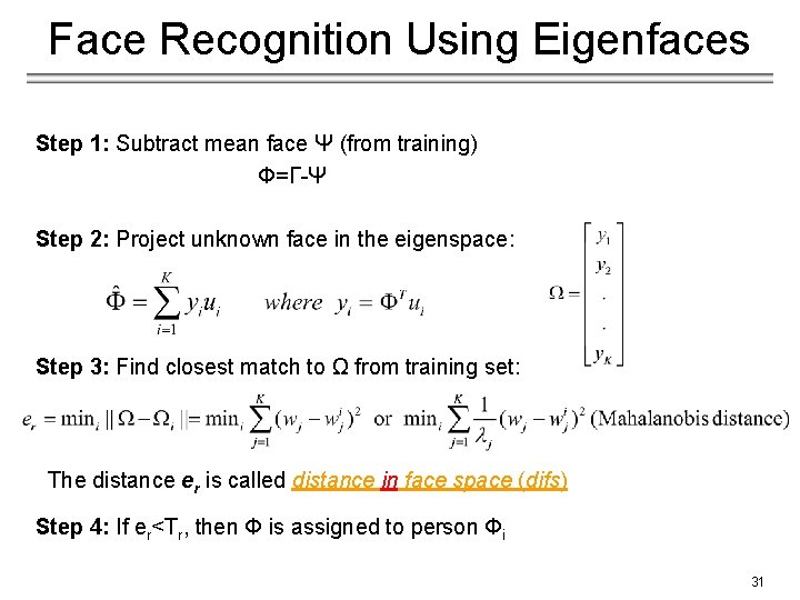 Face Recognition Using Eigenfaces Step 1: Subtract mean face Ψ (from training) Φ=Γ-Ψ Step